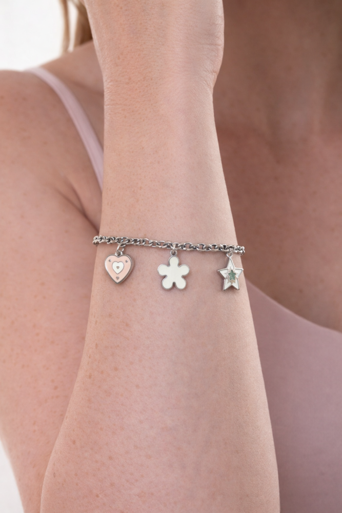 Pulseira Coração,Estrela,Flor e Bola Resina