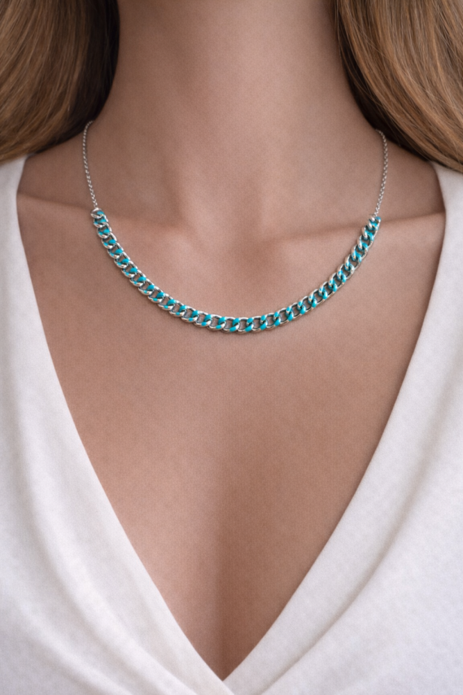 Choker Corrente c/ Detalhes Resina Turquesa